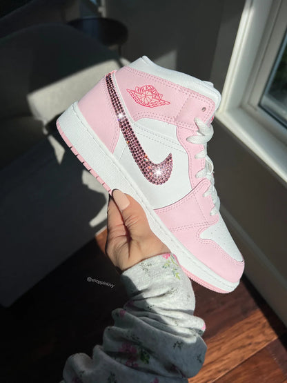 2025 Pink Swarovski Women’s Air Jordan 1 Mid Shoes